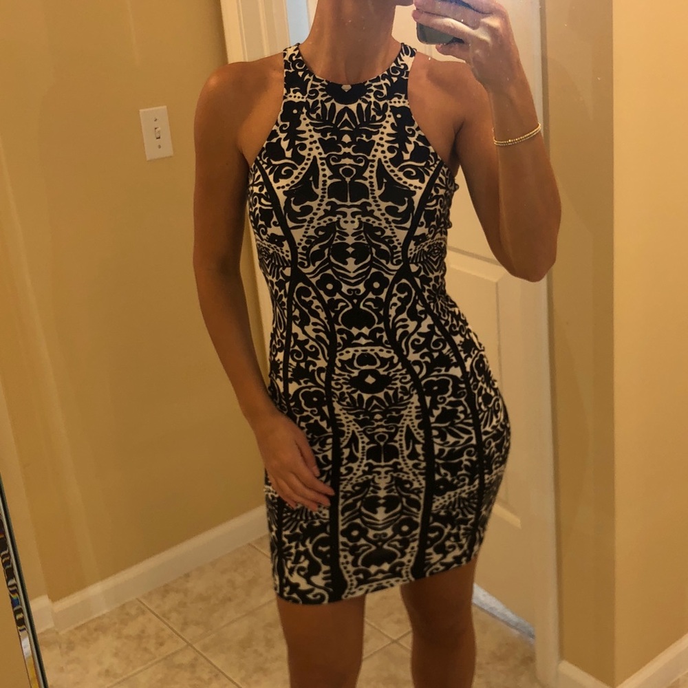 H&M mini dress with black n white floral-y design.